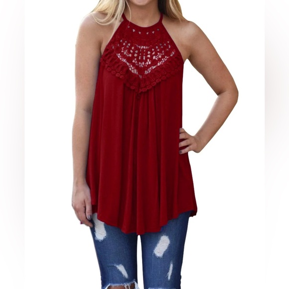 BLUETIME Boho Burnt Orange Lace Crochet Pleated Flowy Halter Top - Picture 1 of 7